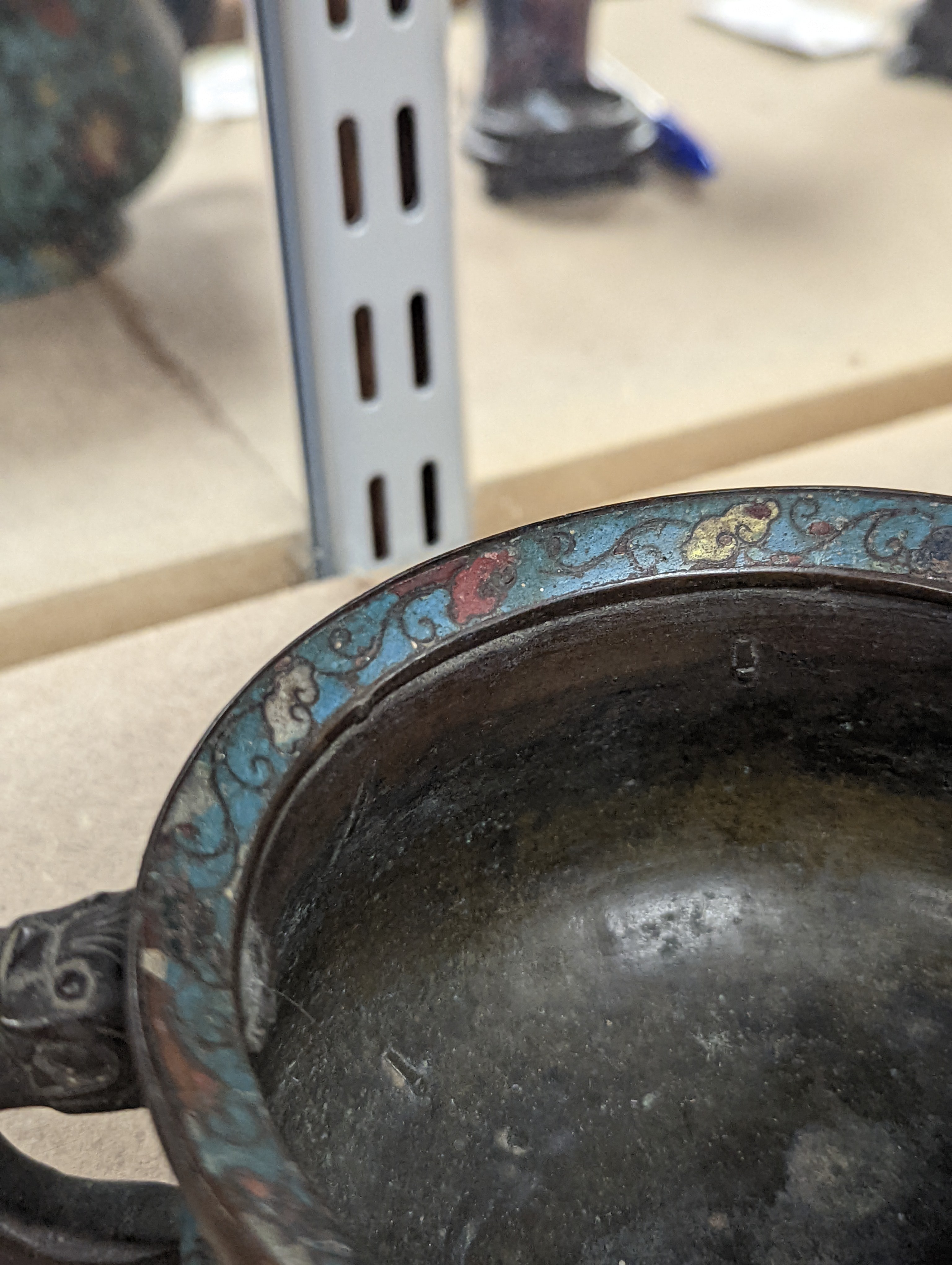 A Chinese late Ming dynasty bronze and cloisonné enamel ding censer 18cm